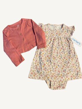 Carters Baby Girl Dress With Sweater Set 12M Pink Floral Cotton NEW WITH TAGS